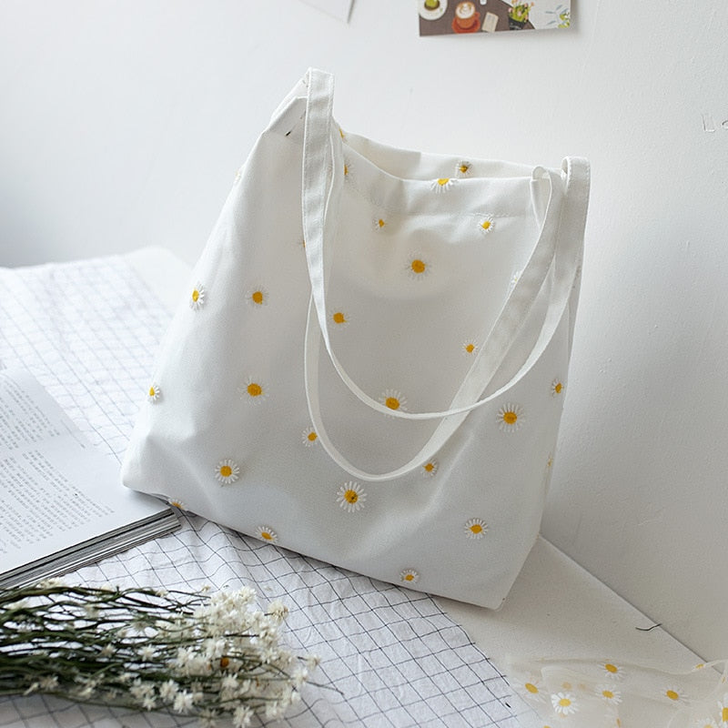 Borsa tote in tela con decorazioni margherite da donna | La Parigina