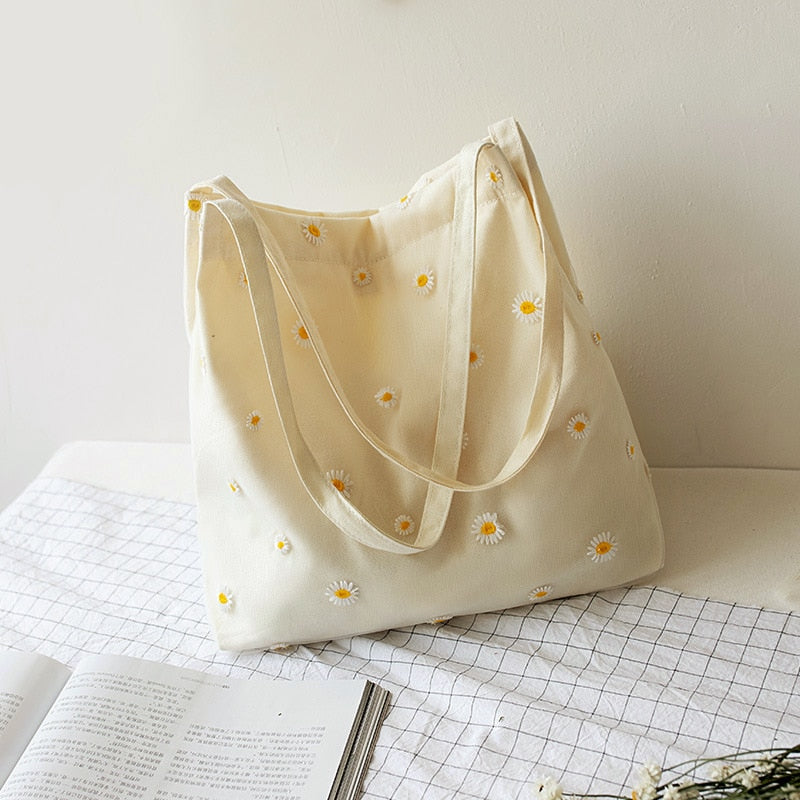 Borsa tote in tela con decorazioni margherite da donna | La Parigina