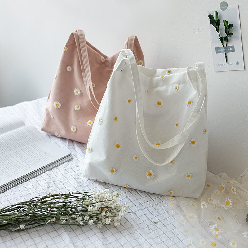 Borsa tote in tela con decorazioni margherite da donna | La Parigina