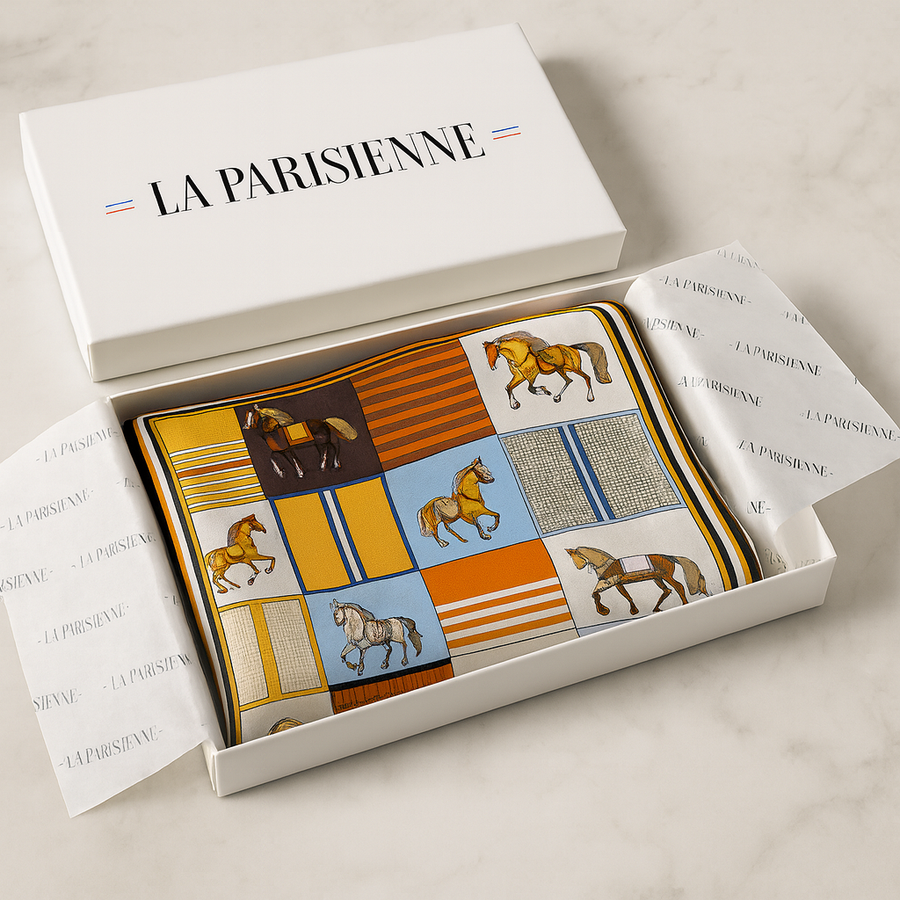 Carré aus 100% Seide mit Reitmotiv Frau | La Parisienne