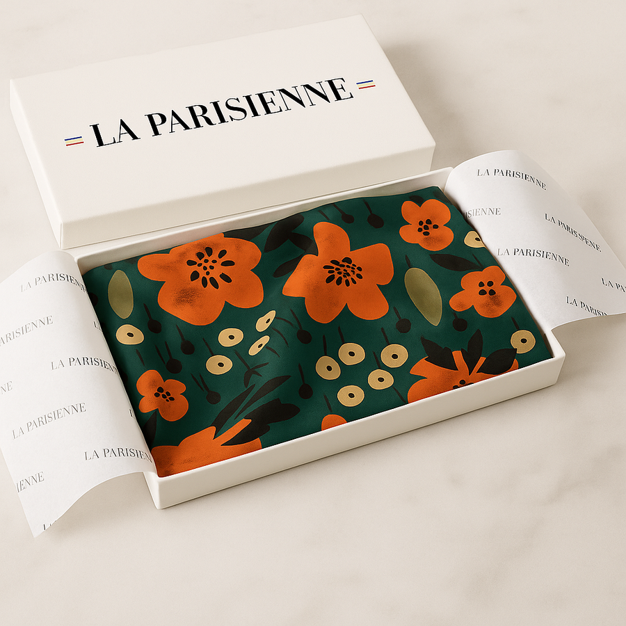 Carré aus 100% Seide Blume Künstlerische Frau | La Parisienne